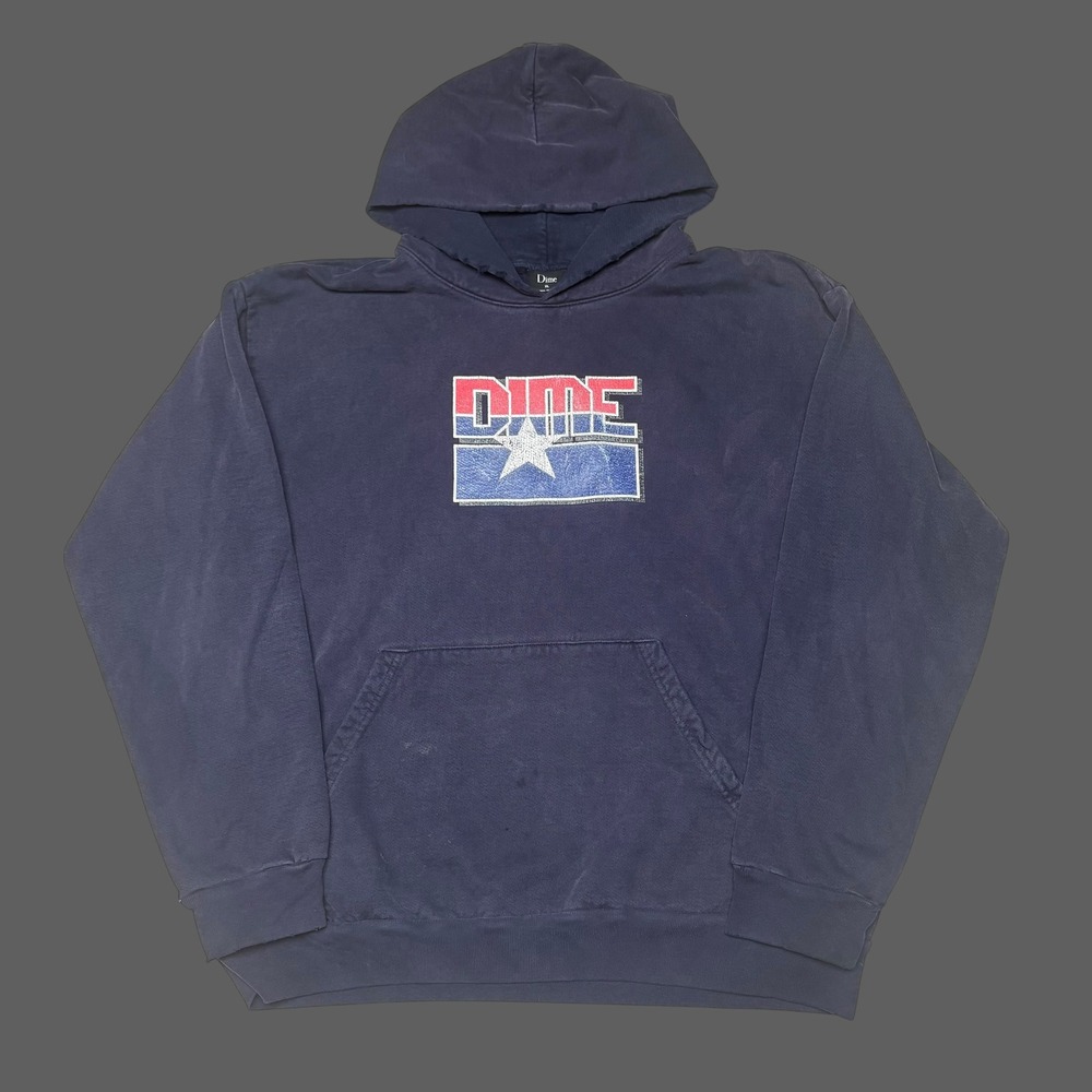 Dime MTL Star Logo Hoodie Mens XL Navy Blue Distressed Made in USA Pullover